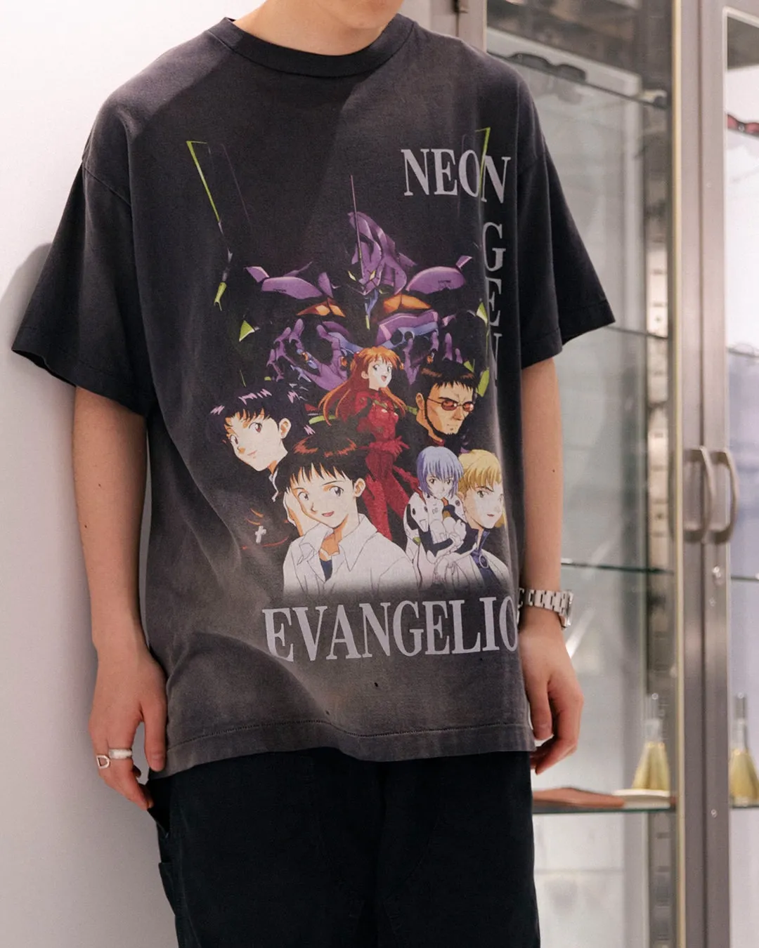 SAINT Mxxxxxx × EVANGELION NEON GNSIS TEE/BLK co-branded Neon Genesis Evangelion distressed short-sleeves, washed black S-XL, vintage NEW VINTAGE, top printing technology, garment dyeing, re-washed, distressed, correct co-branded main mark/washing mark